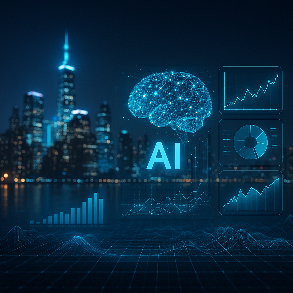 Futuristic city skyline with neon data overlays